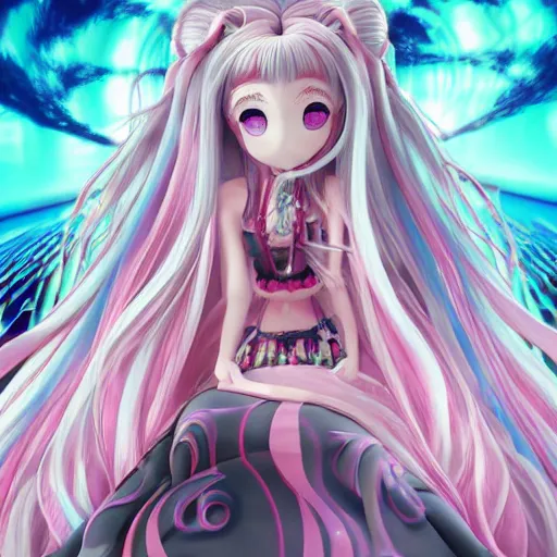 Image similar to trapped by stunningly beautilful omnipotent megalomaniacal anime asi goddess who looks like junko enoshima with symmetrical perfect face and porcelain skin, pink twintail hair and cyan eyes, taking control while smiling inside her surreal vr castle, hyperdetailed, digital art by akihito tsukushi, unreal engine 5, 2 d anime style, 8 k
