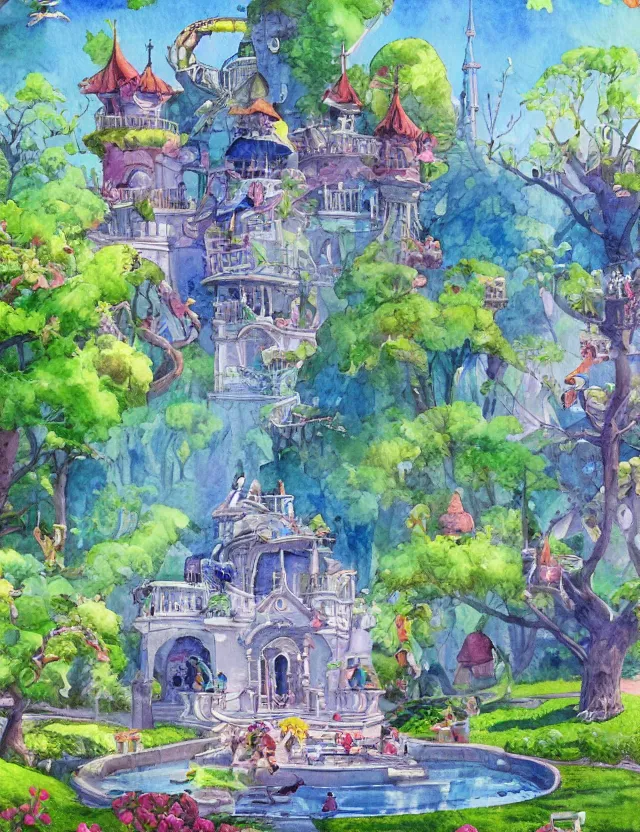 Prompt: futuristic magic castle in springtime. this watercolor painting by the beloved children's book author has interesting color contrasts, plenty of details and impeccable lighting.