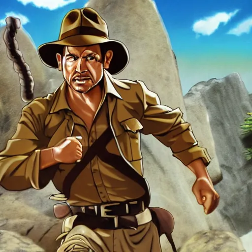 Image similar to Indiana Jones being chased by a boulder trap underground, boulder chase, inside ancient stone temple background, Indiana Jones running away from big round stone, raiders of the lost ark, detailed background, anime key visual