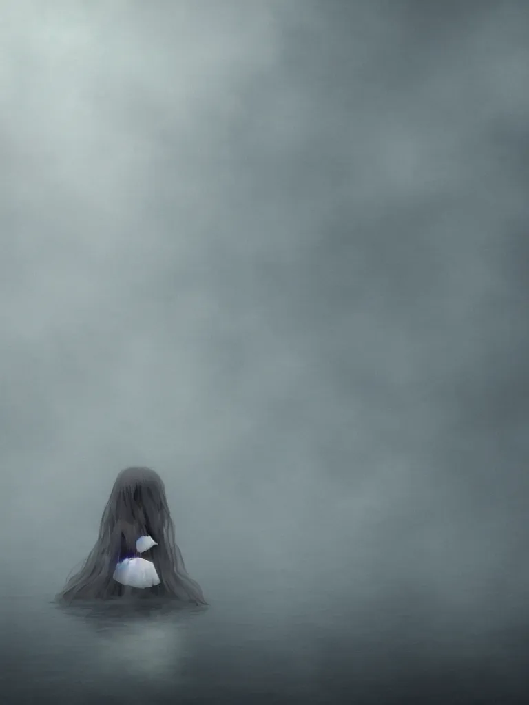 Image similar to cute fumo plush girl ghost in the haze of the murky river, reflective water surface, smoke and volumetric fog, tattered gothic horror maiden, fallen angel, lens flare, light shafts, light and shadow, vray