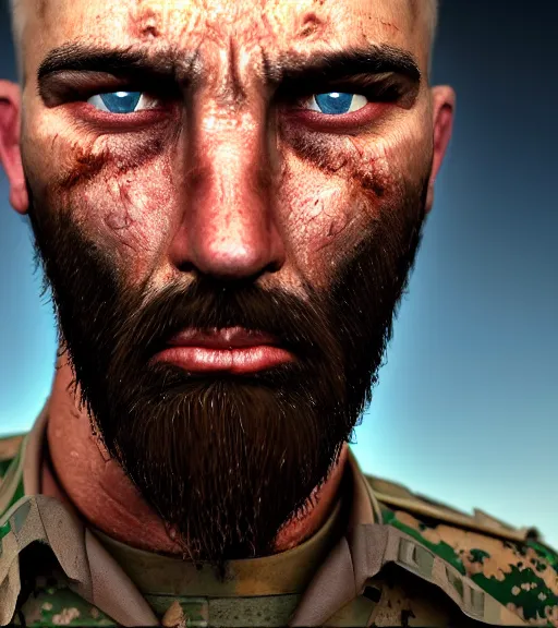 Image similar to portrait of muscular, tired and alcoholic 3 0 - year - ol 5 grieving man with short darkblonde hair, serious sad look in his eyes, looking down, dirty beard, blue eyes, crying tears, wearing dirty soldier uniform, on the desert, sad atmosphere, hyper realistic face, character art, art by mark brooks, cryengine, trending on artstation, digital art