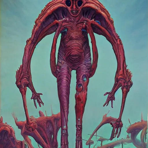 Image similar to painting of an alien spaceship made of flesh and exoskeleton, in the style of wayne barlowe