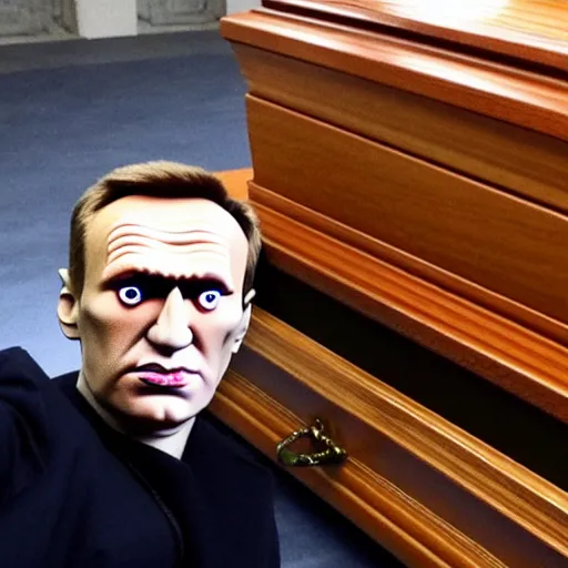 Image similar to alexey navalny takes a selfie in front of dead rotten face of putin in coffin, insane details, clear face and eyes, textured, 8 k, professional photography