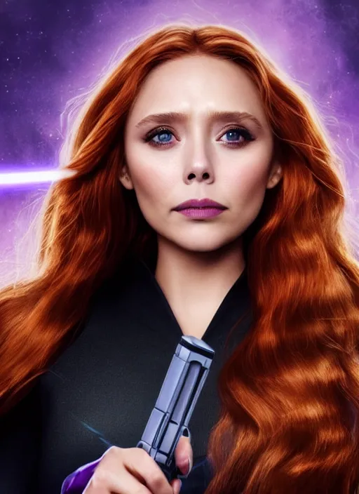 Image similar to elizabeth olsen portraying a beautiful mara jade from star wars legends, in a black suit holding a purple lightsaber, movie, hyper realistic, hollywood promotional image, imax, 8 k