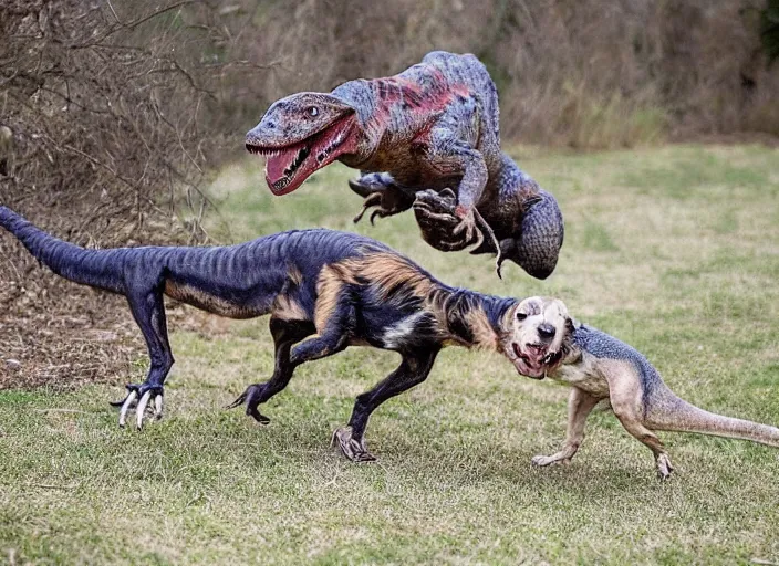 Image similar to photo of a dog and a velociraptor playing together