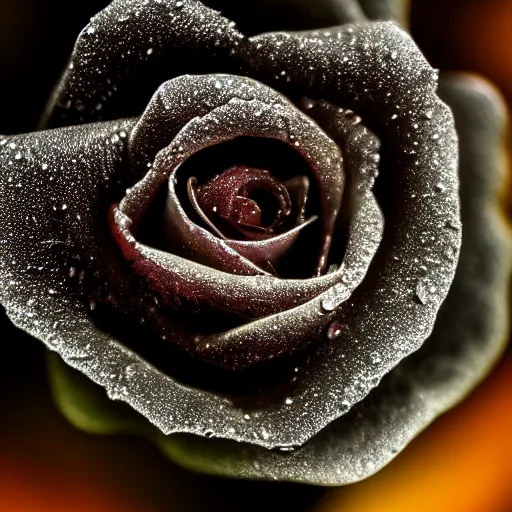 Image similar to award - winning macro of a beautiful black rose made of glowing molten magma