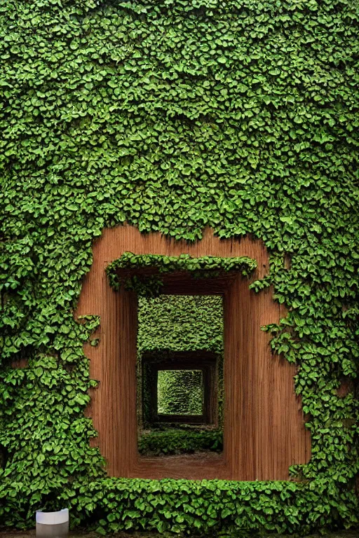 Prompt: colorful James Turrell interiors , overgrown by kudzu vines