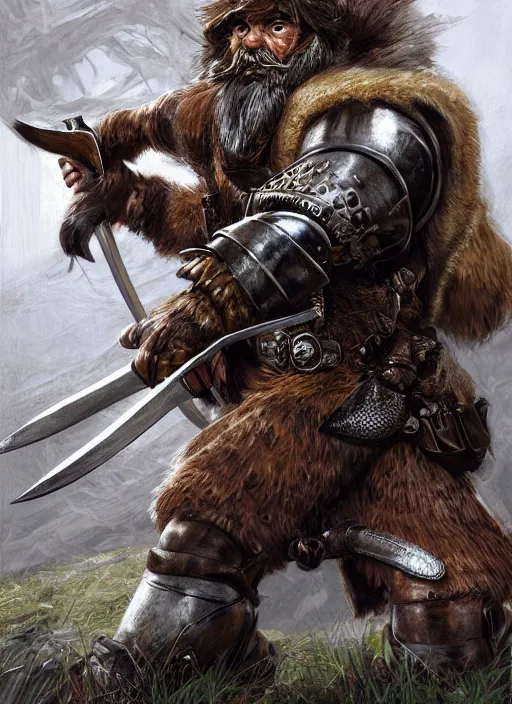 Image similar to strong young man, photorealistic bugbear ranger holding aflaming sword, black beard, dungeons and dragons, pathfinder, roleplaying game art, hunters gear, jeweled ornate leather and steel armour, concept art, character design on white background, by alan lee, norman rockwell, makoto shinkai, kim jung giu, poster art, game art