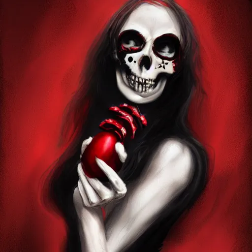 Image similar to Female death holding a red and black skull in one hand up to her face like hamlet, kodachrome, high contrast, highly detailed, sharp focus, digital painting, concept art, illustration, trending on artstation,