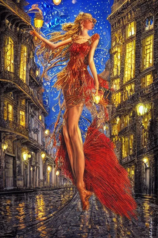 Prompt: a fairy dancer dressed in a very elegant dress, with beautiful bohemian details, in the center of a paris street, city lights, by michael cheval