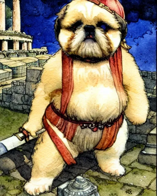 Prompt: a realistic and atmospheric watercolour fantasy character concept art portrait of a fat adorable chibi shih tzu puppy roman centurion in a roman temple, by rebecca guay, michael kaluta, charles vess and jean moebius giraud