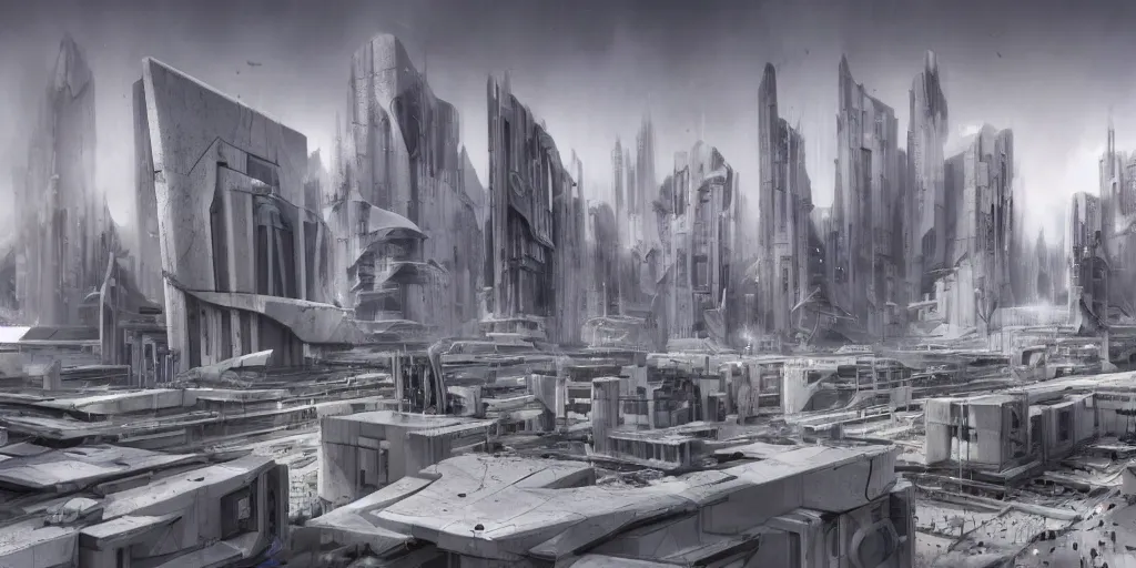 Image similar to complex and futuristic cyberpunk robot city made out of white marble and brutalist concrete with falling snow, photo by jim burns, peter andrew jones, michael hutter, sharp digital painting. dreaming latent space. matte painting, concept art. artstation. digital render, award winning architecture, hdrp, ue 4, ue 5, revit, autodesk, autocad