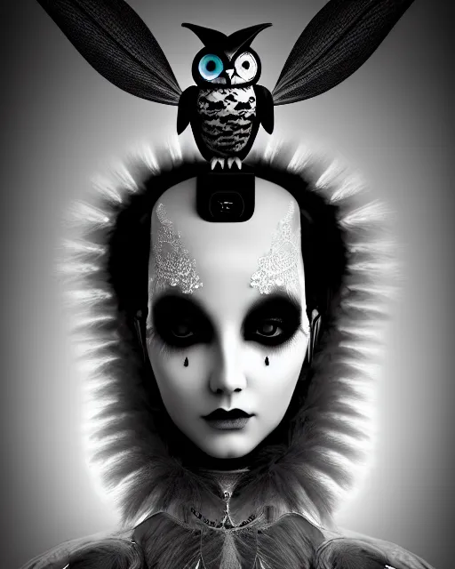 Image similar to surreal mythical dreamy dark artistic black and white fine art 3 / 4 fashion portrait photo of a young beautiful delicate female robot - witch - owl with orchid - doll face, rim light, cinematic, studio dramatic light, poetic, masterpiece, octane render, 8 k, photo - realistic by gustave dore william black