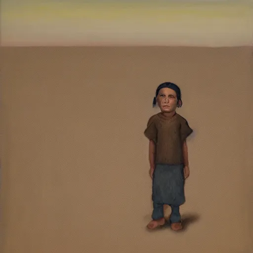 Prompt: indigenous boy standing on a barren plain muted colors