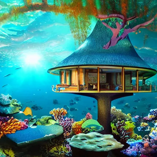 Prompt: fancy treehouse mansion built underwater on coral reef with sun rays from above detailed luminescent magical realism 4 k painting
