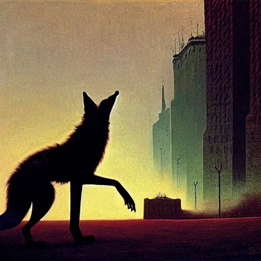 Image similar to a giant coyote stands over a city painting by beksinski, barlowe colors. masterpiece painting