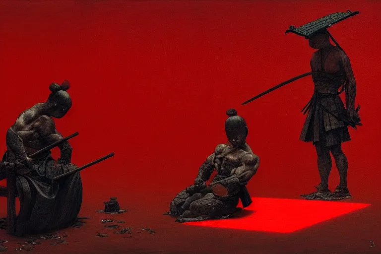 Image similar to only with red, a red samurai do seppuku, tokio, a lot of frogs watch, in the style of beksinski, parts by edward hopper, parts by rodcenko, parts by yue minjun, intricate and epic composition, red by caravaggio, insanely quality, highly detailed, masterpiece, red light, artstation, 4 k