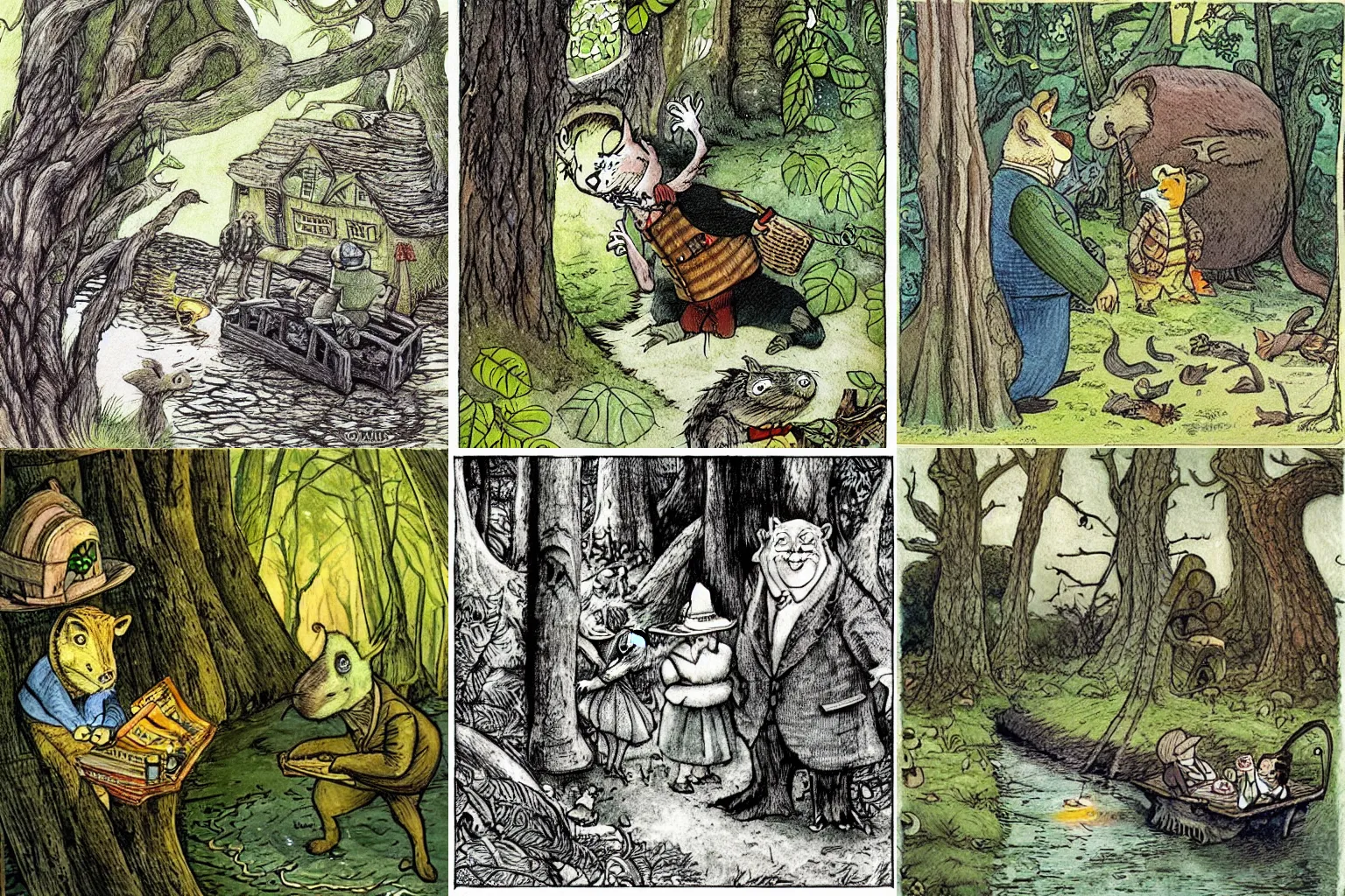 Prompt: “storybook illustration for wind in the willows, by Raymond Briggs”