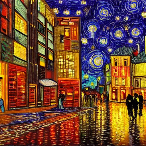 Prompt: painting of a cyberpunk city with high tech and flying cars in the style of vincent van gogh