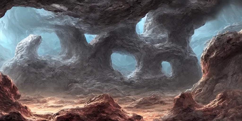 Image similar to an alien cave with swirling rock formations, 3d matte painting, concept art, highly detailed, photorealistic