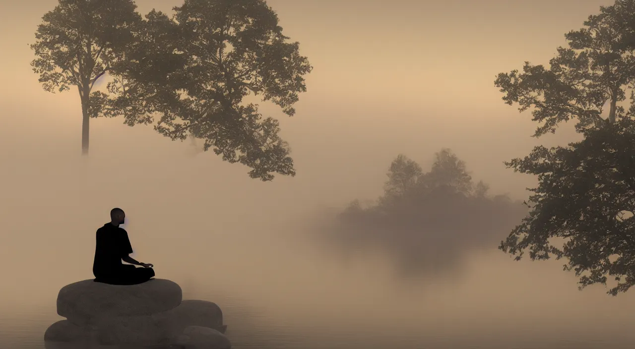 Prompt: a lonely silhouette of a meditating monk sitting in the fog on a stone protruding from the water in the rays of the morning sun, in the style of isaac levitan, 8 k resolution,