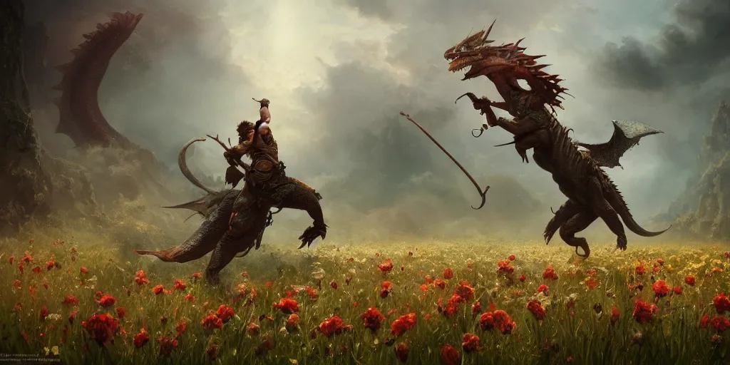 Image similar to male fighter ridding a dragon in a field of flowers, superwide angle, D&D, fantasy, intricate, cinematic lighting, highly detailed, digital painting, artstation, concept art, smooth, sharp focus, illustration, art by Greg Rutkowski