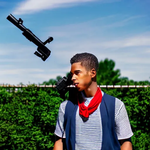 Image similar to Young man standing looking to the right in a red bandana, blue striped shirt, gray vest and a gun with a partly cloudy sky in the background. The young man is standing in front of an iron fence. Photograph. Real life