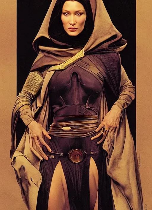 Image similar to upper body portrait of bella hadid as gaius helen mohiam bene gesserit mother in dune 1982, by norman rockwell and jason fabok and tom lovell and frank schoonover and dean cornwell and everett raymond kinstler