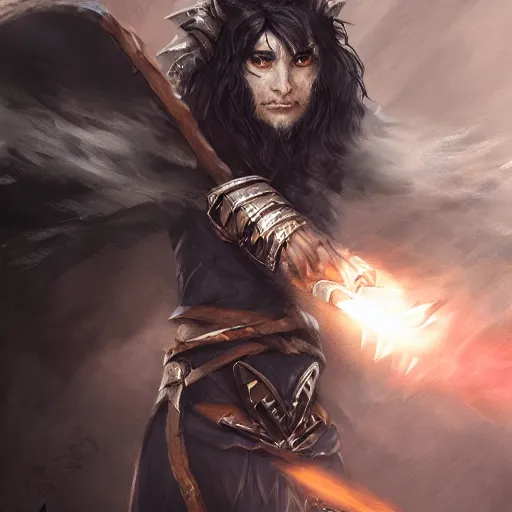 Image similar to A fierce and noble sorcerer warrior, 30 years old, black hair, fantasy, magical, D&D, cinematic lighting, highly detailed, digital painting, sharp focus, smooth, concept art