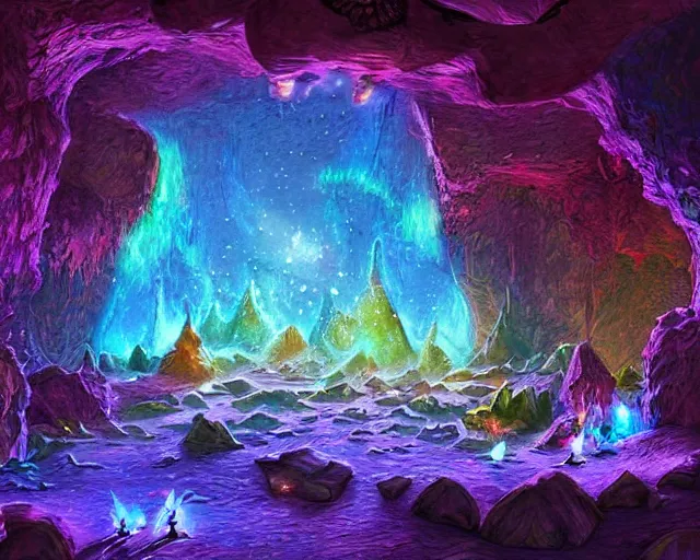 Prompt: very high quality digital art of a fantasy stone cavern lit by colorful glowing crystals
