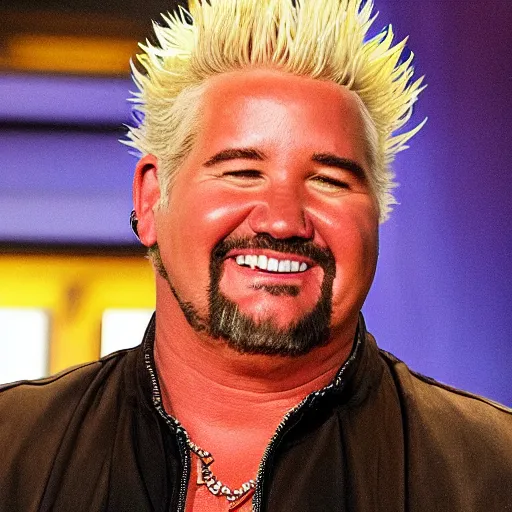 Image similar to guy fieri smiling ear to ear after smelling a fart from a big woman ’ s rear end