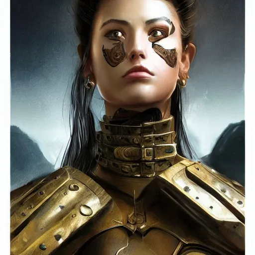 Image similar to a full-face portrait of an attractive young woman, clothed in battle armor, olive skin, long dark hair, beautiful bone structure, symmetrical facial features, intricate, elegant, highly detailed, digital painting, trending on Artstation, concept art, smooth, sharp focus, illustration, from Metal Gear by Ruan Jia and Mandy Jurgens and Artgerm and and william-adolphe bouguerea, award winning