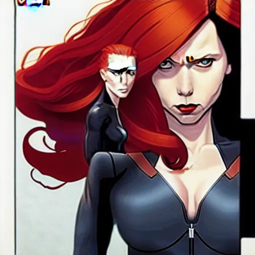 Image similar to phil noto comicbook cover art, black widow marvel, symmetrical eyes, long red hair, full body, city rooftop