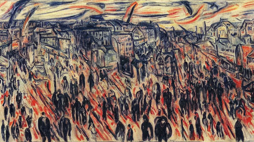 Image similar to the pain and chaos of a town being bombed on market sunday, painting by edvard munch