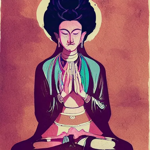 Image similar to contented female bodhisattva, praying meditating, portrait by Conrad Roset