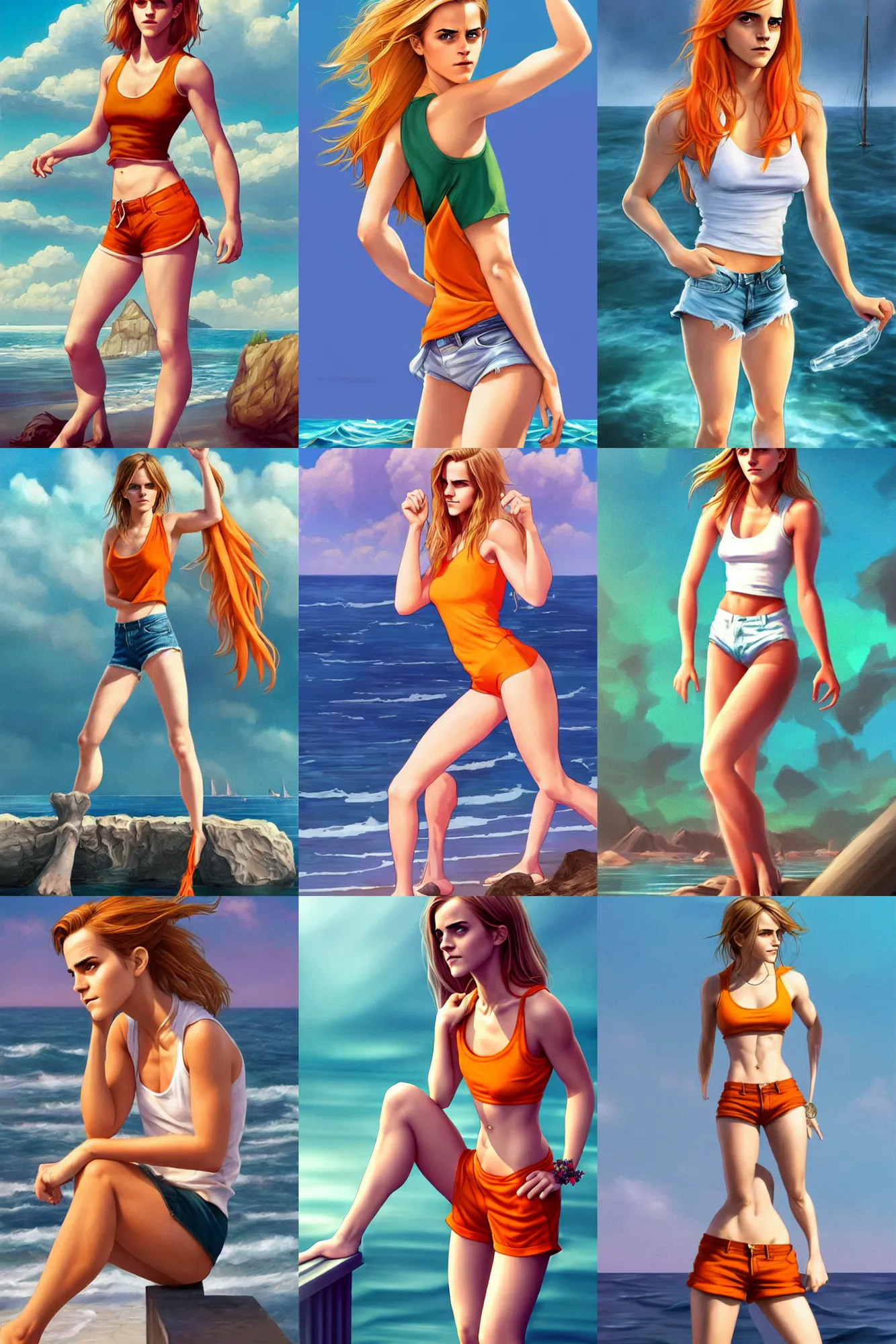 Prompt: a gorgeous hulking Emma Watson with very long hip-length blonde hair, wearing a cut-off white top and orange cut-off shorts standing by the water, in the style of artgerm and moebius and annie liebovitz, marvel comics, photorealistic, highly detailed, trending on artstation