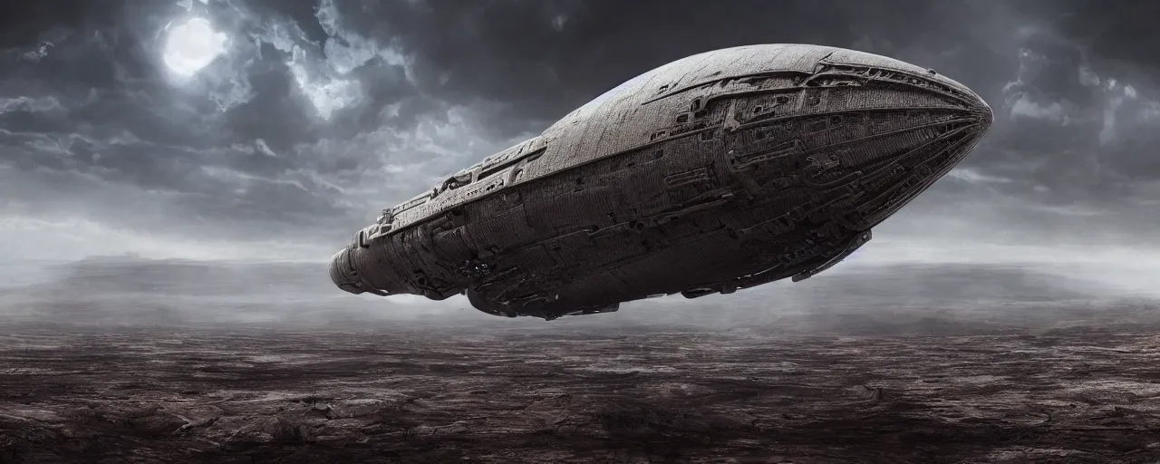 Image similar to a large organic like spaceship landing on a barren dry land with an epic cloud formation on the background by HR GIger, Dariusz Zawadzki, Neil blevins, Feng Zhu, gustave doré, zhuoxin ye, very detailed, octane render, 8k, oranate and brooding, scary and dark, canon 24mm lens