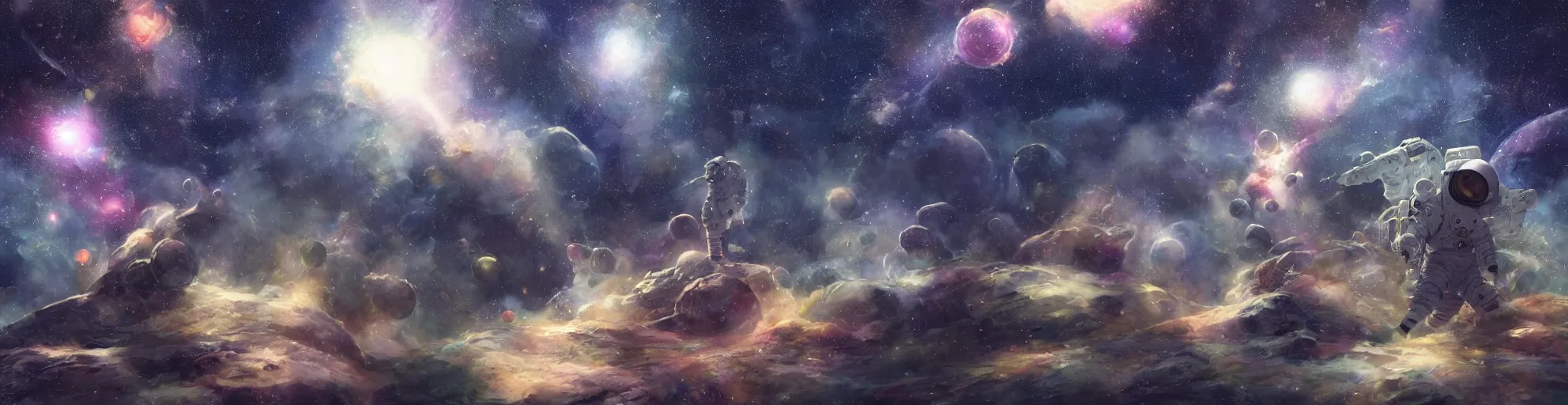 Image similar to craig mullins and ghibli digital illustration of an astronaut floating in the middle of the cosmos doing jazz improv, full body, strong contrast, earth, galaxies, ethereal, inviting, bright, raking light from constellations, unreal engine, hyper realism, realistic shading, cinematic composition, realistic render, octane render, detailed textures, photorealistic, wide shot