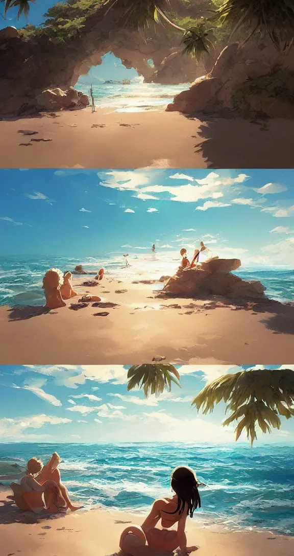 Prompt: Sunbathing at the beach, lots of ocean, uncluttered, tropical, bright, simple, by Studio Ghibli and Greg Rutkowski, artstation