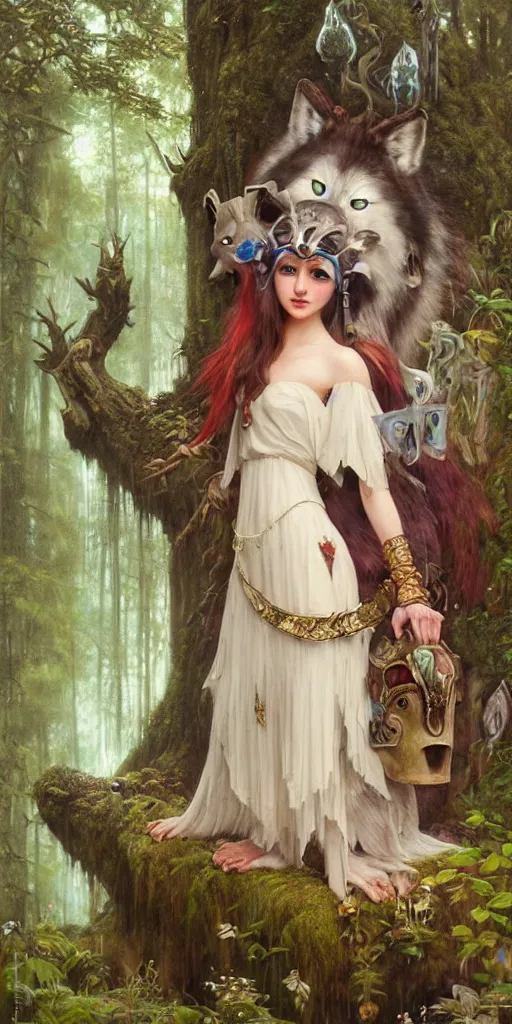 Image similar to hyper realistic Princess Mononoke in her mask, lush rainy forest landscape, wolves, magic, castle, jewels, style of tom bagshaw, mucha, james gurney, norman rockwell, gems and gold, waterfalls, denoised, sharp,