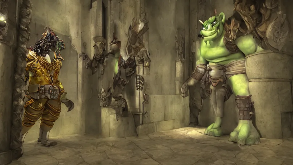 Prompt: a two-shot angle of two fantasy ogre standing in an elevator