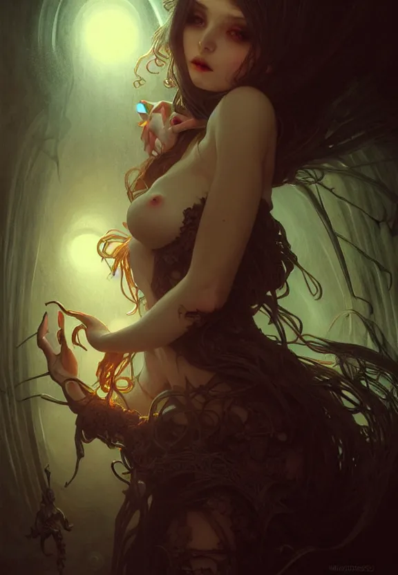 Image similar to Ethereal necromancer at a spooky old attic, fantasy magic, dark pin-up style hair, dark light night, intricate, elegant, sharp focus, illustration, highly detailed, digital painting, concept art, matte, art by WLOP and Artgerm and Greg Rutkowski and Alphonse Mucha, masterpiece