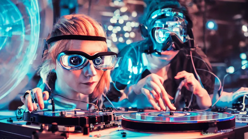 Prompt: a woman wearing goggles and visor and headphones using a record player turntable contraption, wires and tubes everywhere, turntablism dj scratching, intricate planetary gears, cinematic, imax, sharp focus, led light strips, bokeh, iridescent, black light, fog machine, hazy, computer screens, lasers, light trails, hyper color photograph