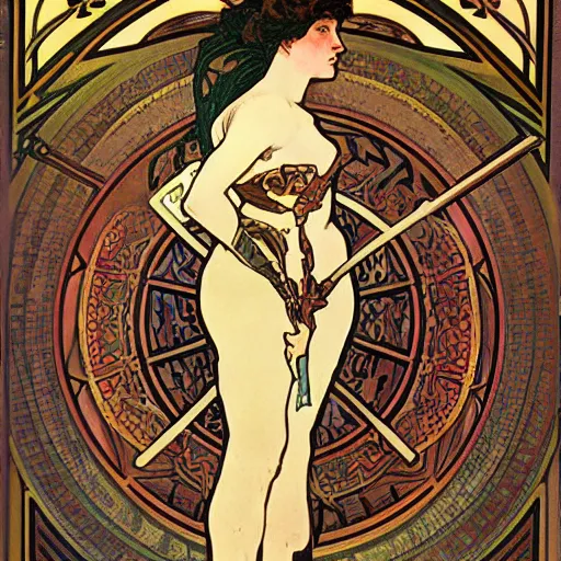 Image similar to legendary warrior, painted by alphonse mucha