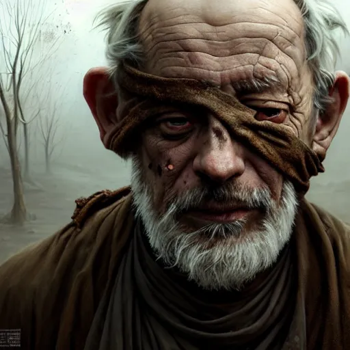 Image similar to portrait painting of a post - apocalyptic older american man blindfolded and wearing ruined monk garbs, ultra realistic, concept art, intricate details, eerie, highly detailed, photorealistic, octane render, 8 k, unreal engine. art by artgerm and greg rutkowski and charlie bowater and magali villeneuve and alphonse mucha