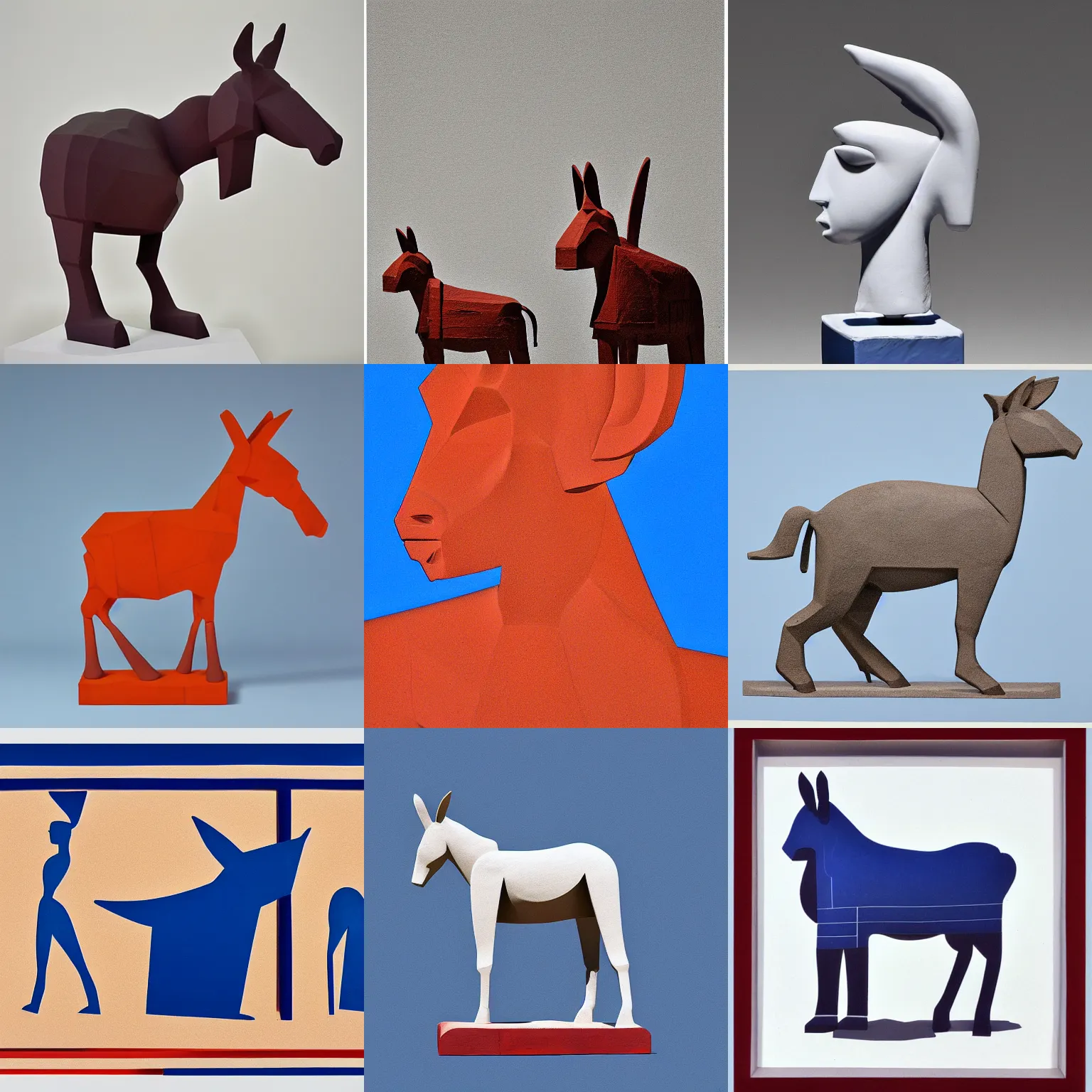 Prompt: lithograph side view of standing donkey cycladic sculpture, white background, ears up, duotone, blocky, flat colors, iconic, simplified, ultramarine blue and red iron oxide