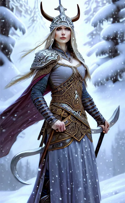 Image similar to opal viking warrior, regal, elegant, winter, snow, beautiful, stunning, hd, illustration, epic, d & d, fantasy, intricate, elegant, highly detailed, wide angle, digital painting, artstation, concept art, smooth, sharp focus, illustration, wallpaper, art by artgerm and greg rutkowski and alphonse mucha and jin xiaodi