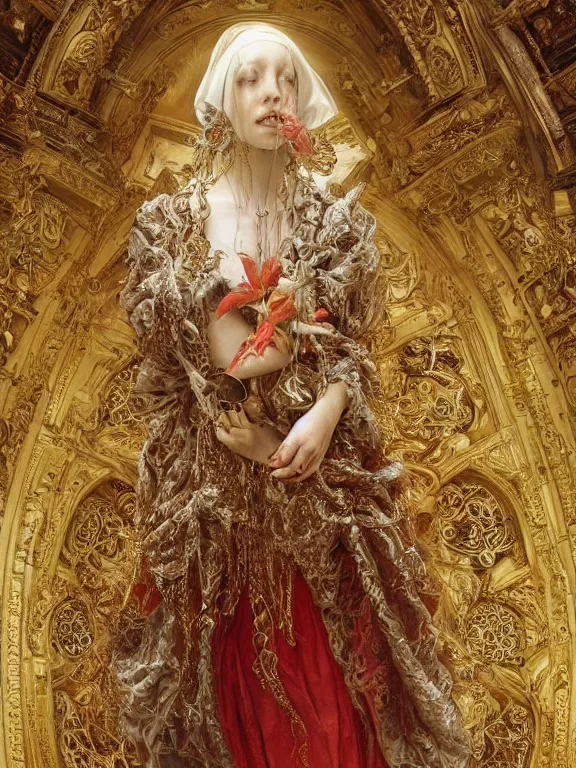 Image similar to a beautiful render of baroque catholic veiled between the red queen and the white queen,sculpture with symmetry intricate detailed,by Lawrence Alma-Tadema, peter gric,aaron horkey,Billelis,trending on pinterest,hyperreal,jewelry,gold,intricate,maximalist,glittering,golden ratio,cinematic lighting