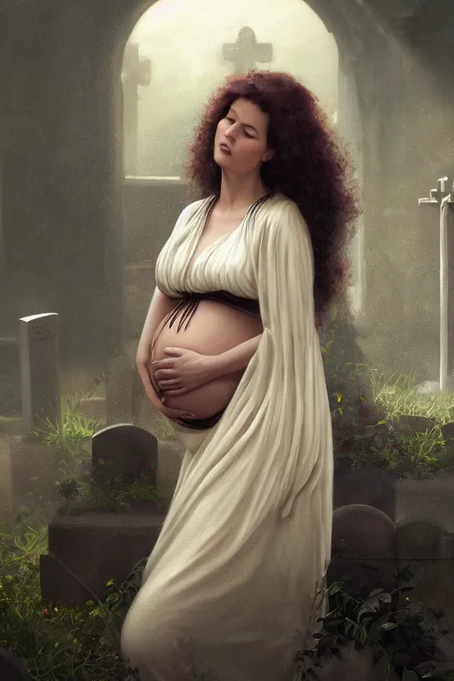 Image similar to portrait of a pregnant widow next to the grave, illustration, dramatic lighting, soft details, painting oil on canvas, art deco, octane render, HDR, 4k, 8k, HD, by Edmund Blair Leighton, Brom, Charlie Bowater, trending on artstation, faces by Tom Bagshaw, Sargent