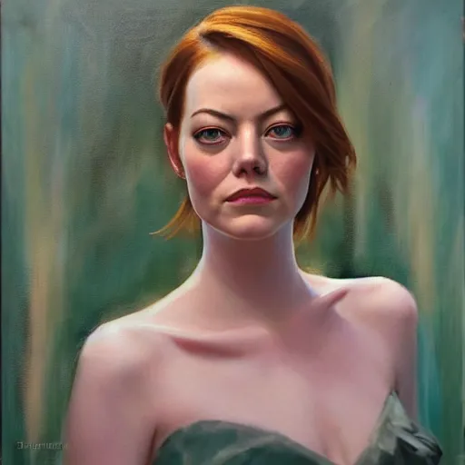 Image similar to emma stone, chthonic portrait, by shulzhenko, nikolay kopeykin, lozhkin, vdovenko, oil painting art